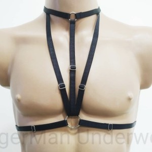 Chest Harness Open Cup Bra with Choker and Rings black