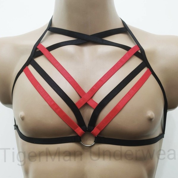 Chest Harness Open Cup Bra with Rings black with red