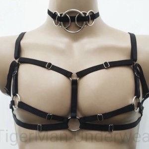 Chest Harness Open Nipples Bra with Choker and Rings black