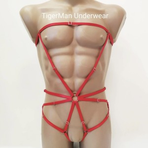 Bodysuit Harness with Open Crotch Panties and Rings red