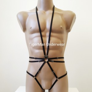 Bodysuit Harness with Open Crotch Panties and Rings black