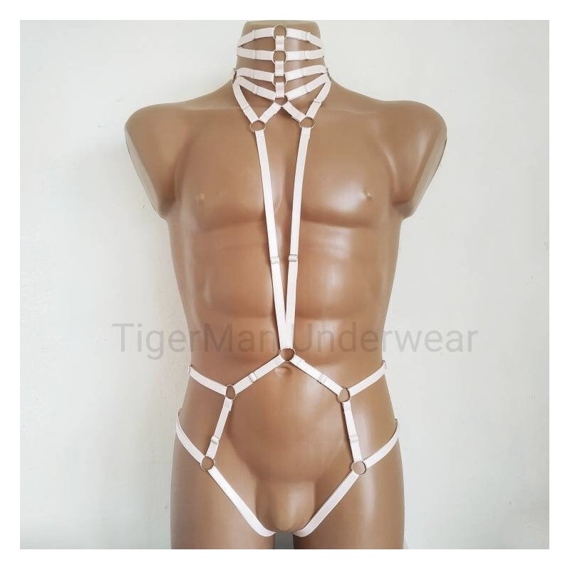 Bodysuit Harness with Choker, Open Crotch Panties and Rings white