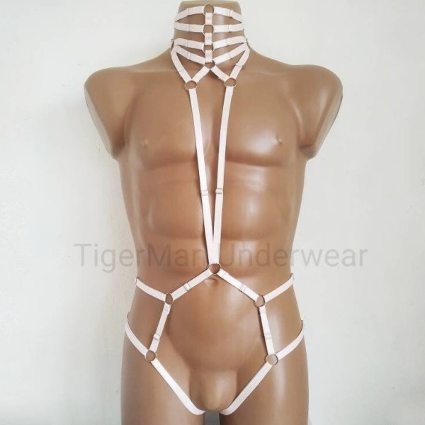 Bodysuit Harness with Choker, Open Crotch Panties and Rings white