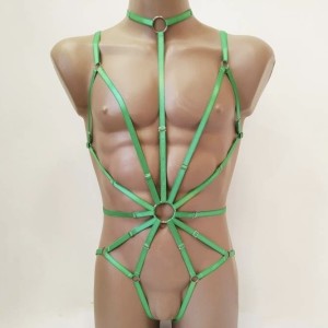 Bodysuit Harness with Choker, Open Crotch Panties and Rings green