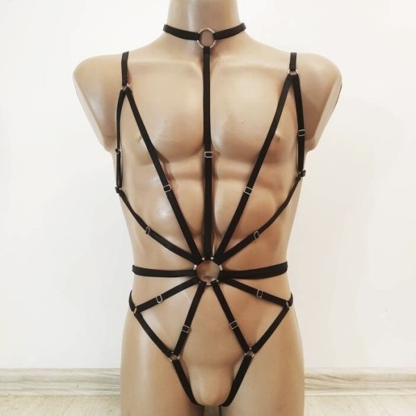 Bodysuit Harness with Choker, Open Crotch Panties and Rings black