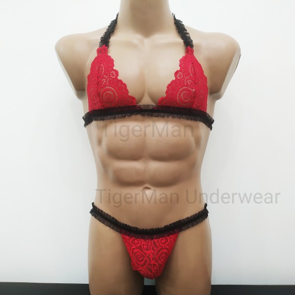 Harness Lace Lingerie set with Bra and Panties red with black