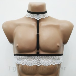 Chest Harness Lace Open Cup Bra with Choker and Rings white with black