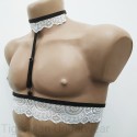 Chest Harness Lace Open Cup Bra with Choker and Rings white with black