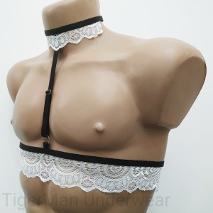 Chest Harness Lace Open Cup Bra with Choker and Rings white with black