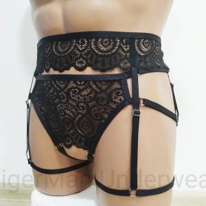 Harness Lace Crotchless Panties with Leg Garter Belt black