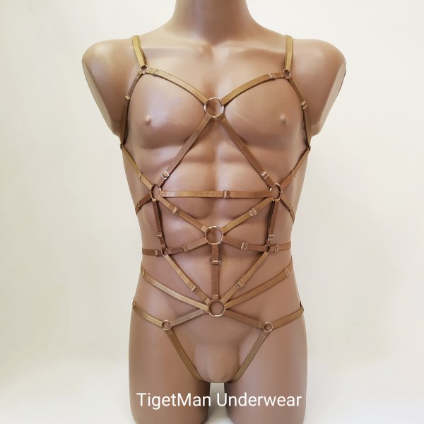 Bodysuit Harness with Open Crotch Panties and Rings bronze