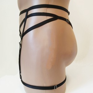 Harness Crotchless Panties with Rings and Leg Garter Belt black