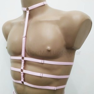 Chest Harness Open Cup Bra with Choker and Rings pink