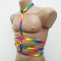 Chest Harness Open Cup Bra with Choker and Rings Rainbow