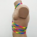 Chest Harness Open Cup Bra with Choker and Rings Rainbow