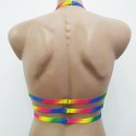 Chest Harness Open Cup Bra with Choker and Rings Rainbow