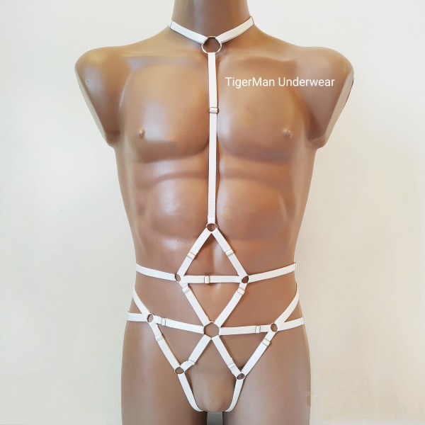 Bodysuit Harness with Choker, Open Crotch Panties and Rings white