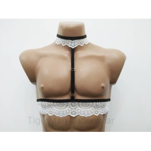 Harness Lace Lingerie set with Choker, Bra and Panties white with black