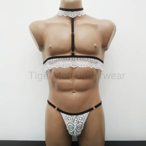 Harness Lace Lingerie set with Choker, Bra and Panties white with black