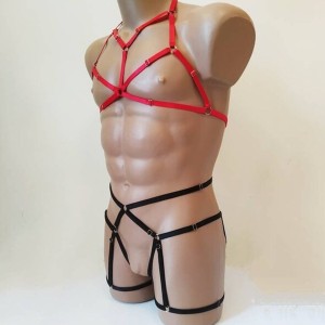 Harness Lingerie set with Open Cup Bra, Open Crotch Panties and Garter Belt black with red