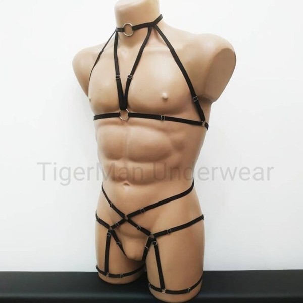 Harness Lingerie set with Choker, Open Cup Bra, Open Crotch Panties and Leg Garter Belt black