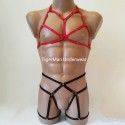 Harness Lingerie set with Open Cup Bra, Open Crotch Panties and Garter Belt black with red