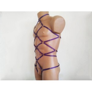 Bodysuit Harness with Choker, Open Crotch Panties and Rings purple