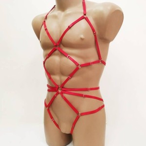 Bodysuit Harness with Open Crotch Panties and Rings red