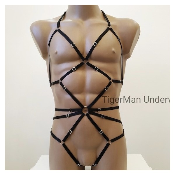 Bodysuit Harness with Open Crotch Panties and Rings black