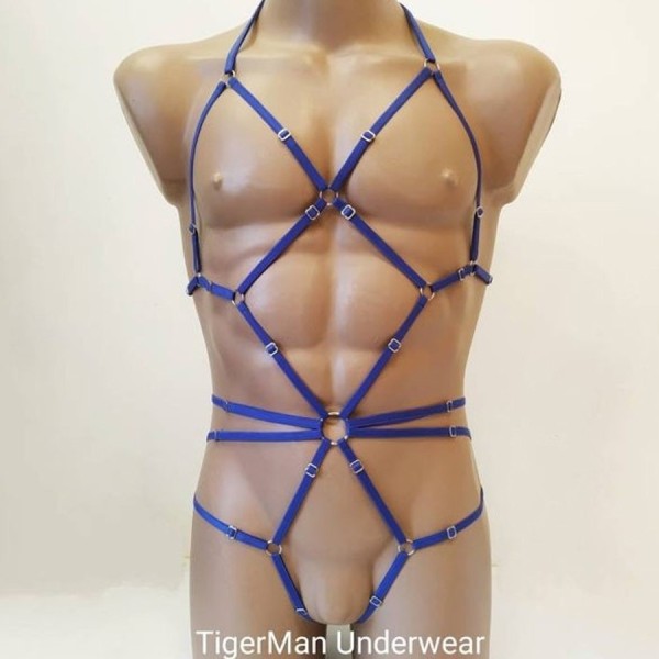 Bodysuit Harness with Open Crotch Panties and Rings blue