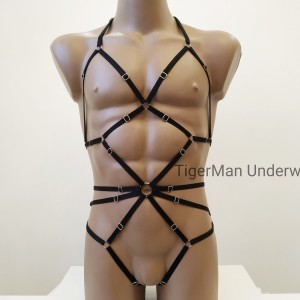 Bodysuit Harness with Open Crotch Panties and Rings black